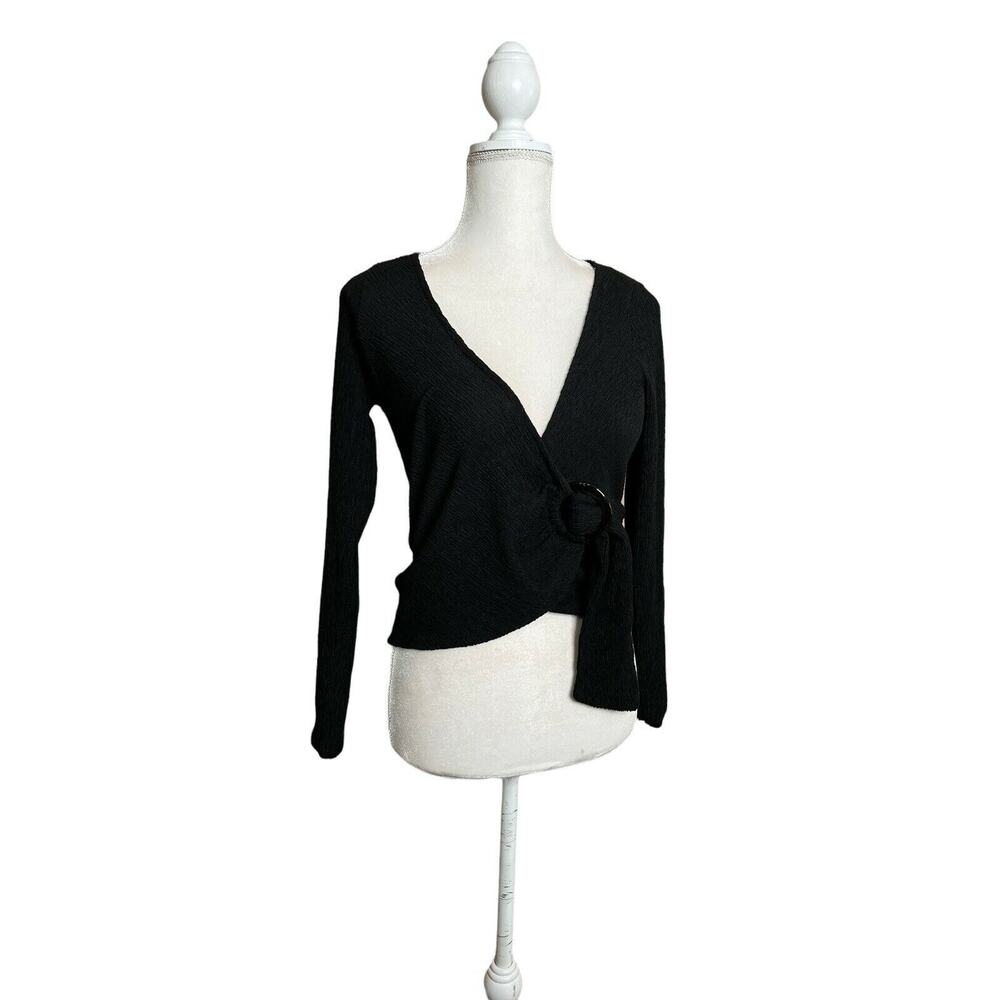 H&m Women Wrap Around Crop Blouse Long Sleeves black top Sz Xs